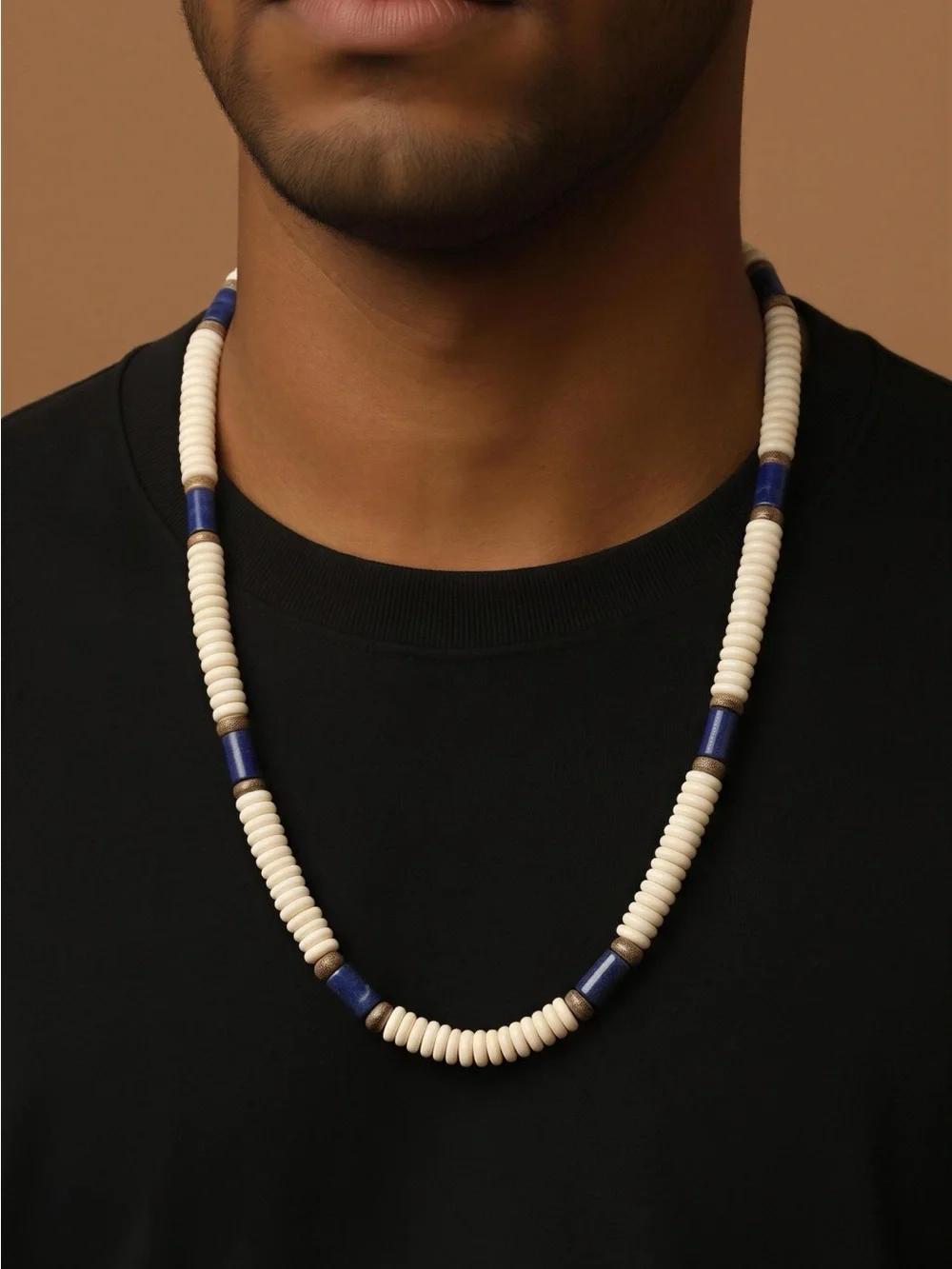 Men's Cream & Blue Beaded Necklace